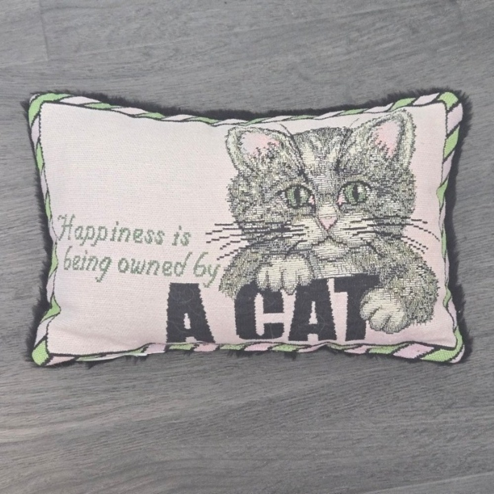 Vintage Tapestry Cat Accent Pillow Happiness Is Being Owned By A Cat Faux Fur